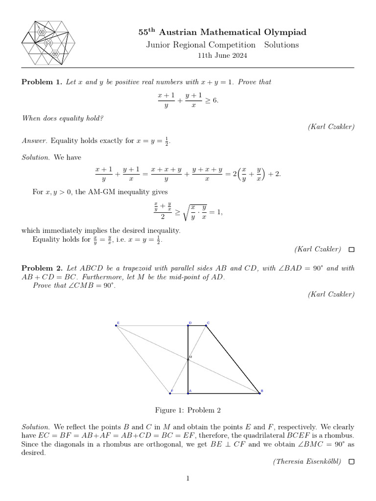 55th Austrian Math Olympiad Solutions | PDF | Algebra | Elementary ...