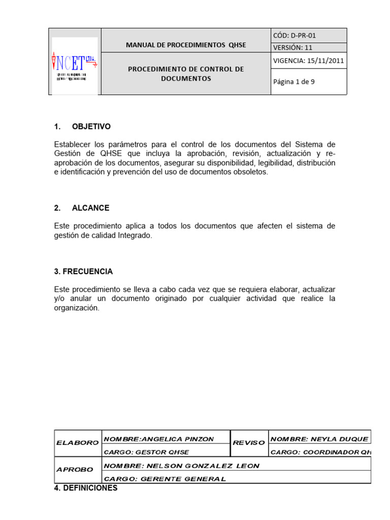 D Pr 01 Procedimiento De Control De Documentos Version 11 Pdf