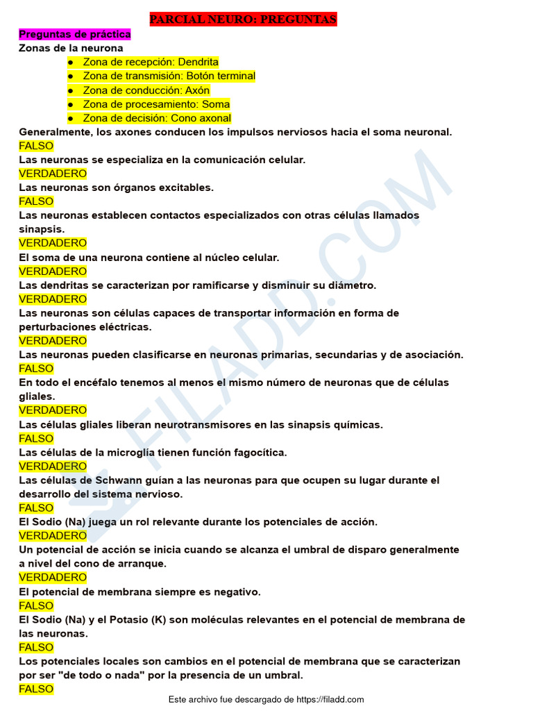 Parcial Neuro - Preguntas | PDF | Sinapsis | Sistema nervioso