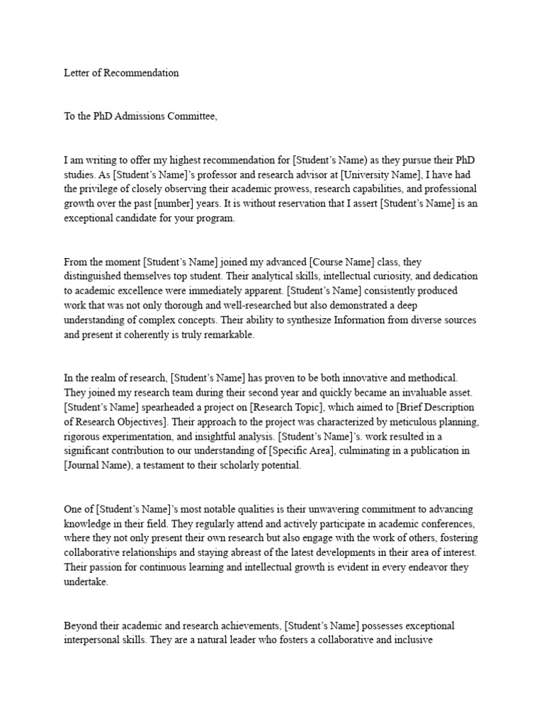 PhD Recommendation Letter for Student | PDF | Doctor Of Philosophy ...