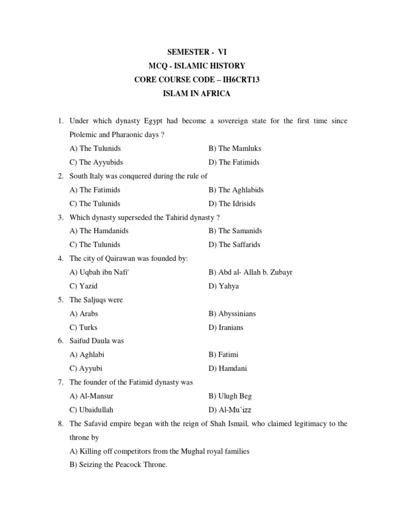 Islamic History MCQs for Semester VI | PDF | Social Science | Art