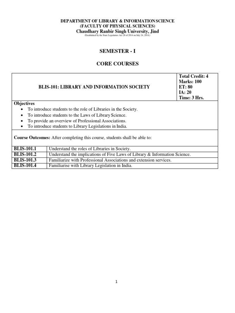 Library Science Core Courses Overview | PDF | Information Literacy ...