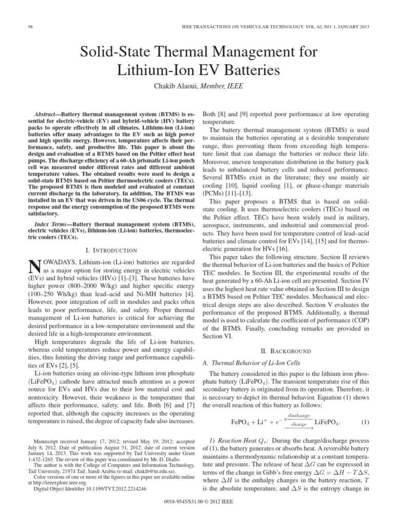 Solid-State Thermal Management For | PDF | Lithium Ion Battery | Gibbs ...
