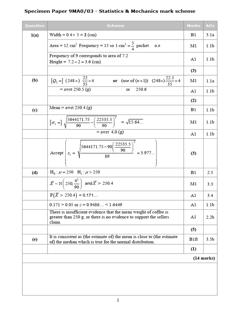 Specimen Mathematics A Level Paper 3 Statistics and Mechanics Mark ...