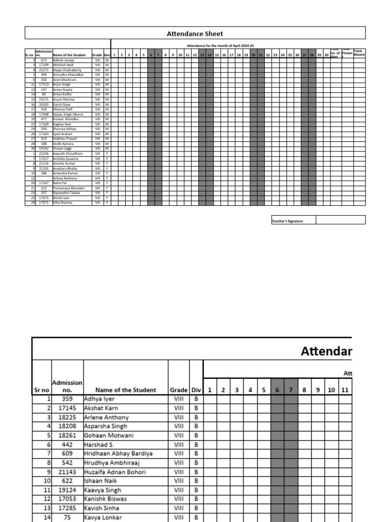 April 2024 Attendance Sheet for Grade VIII | PDF