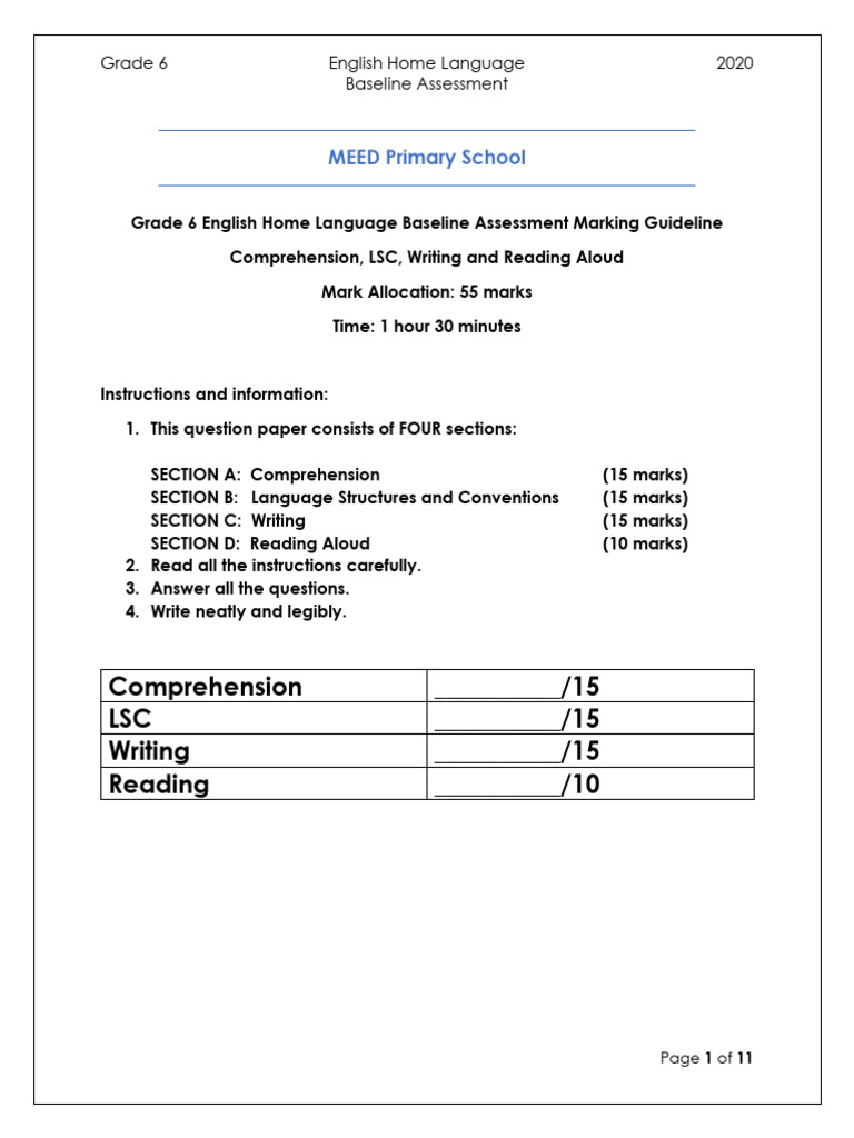 Grade 6 English Baseline Assessment Guide | PDF | Giraffe | Rubric ...