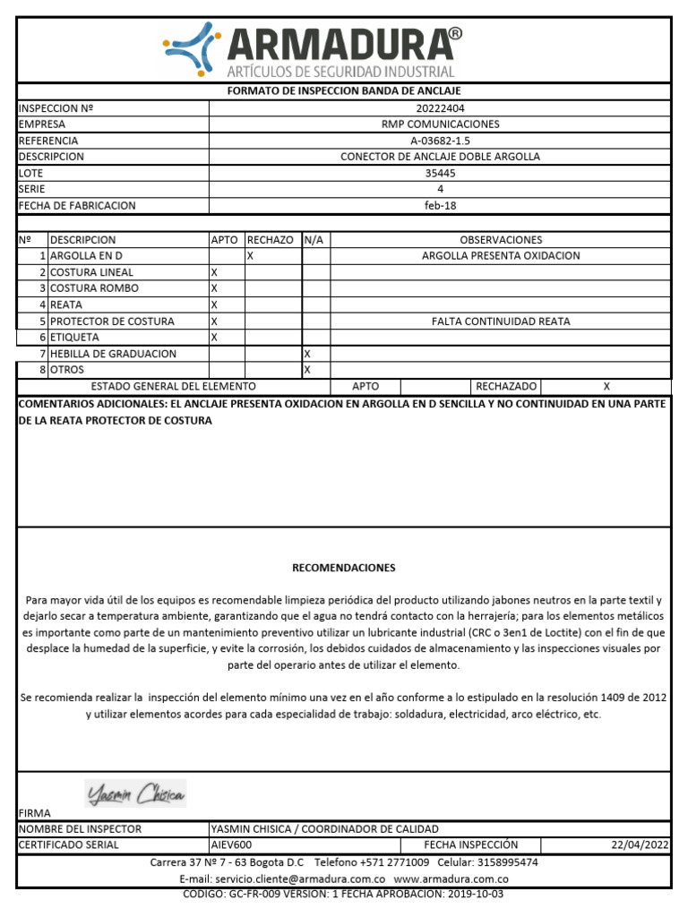 GC-FR-009 Formato Inspeccion Banda de Anclaje 35445 04 | PDF ...