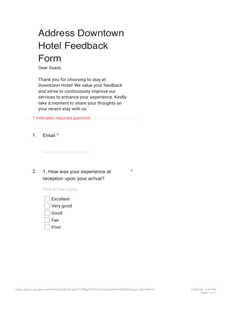 Address Downtown Hotel Feedback Form | PDF