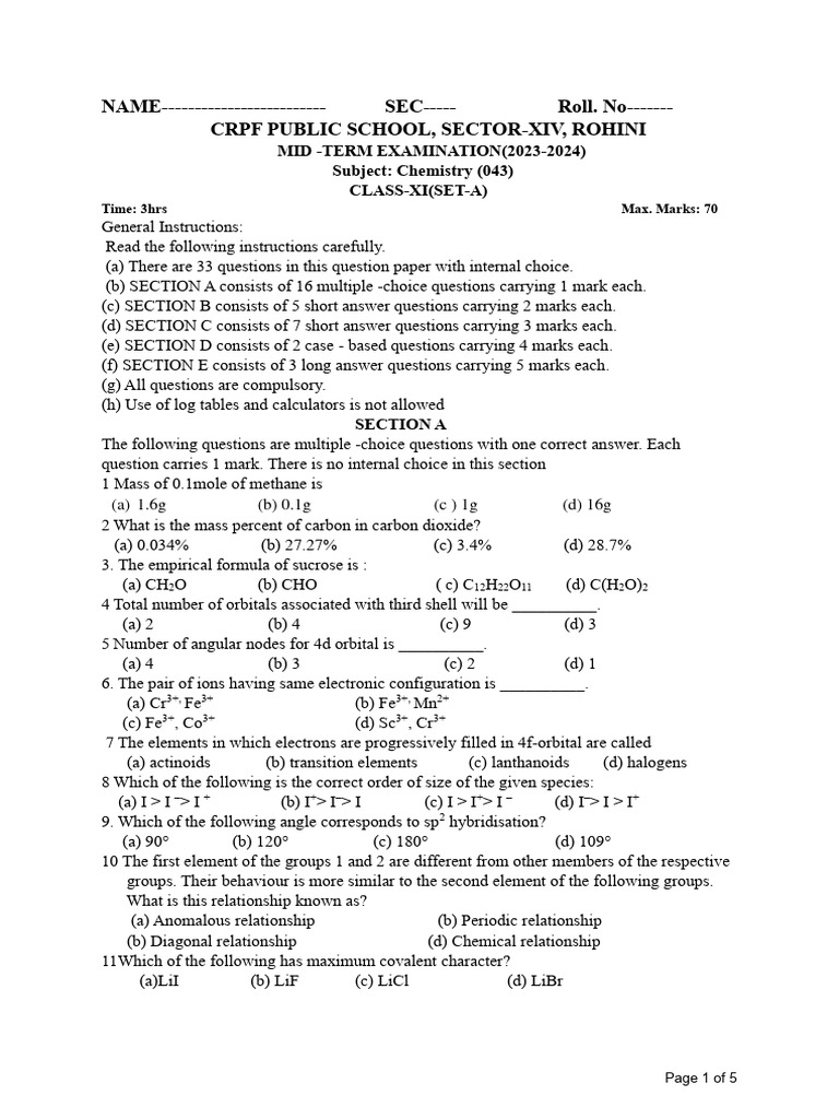 Class XI Chemistry Mid-Term Exam 2023-24 | PDF | Chemistry | Physical ...