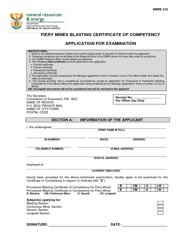 DMRE 310 FM Application Form For Examination | PDF | Mining