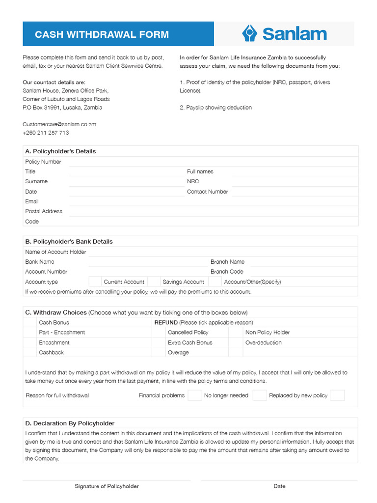 Sanlam Cash Withdrawal Form Guide | PDF | Insurance | Life Insurance