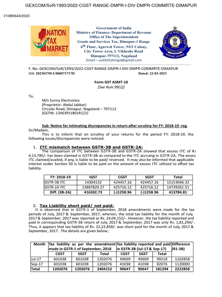 GST Discrepancy Notice for Sunny Electronics | PDF | Governance | Economies