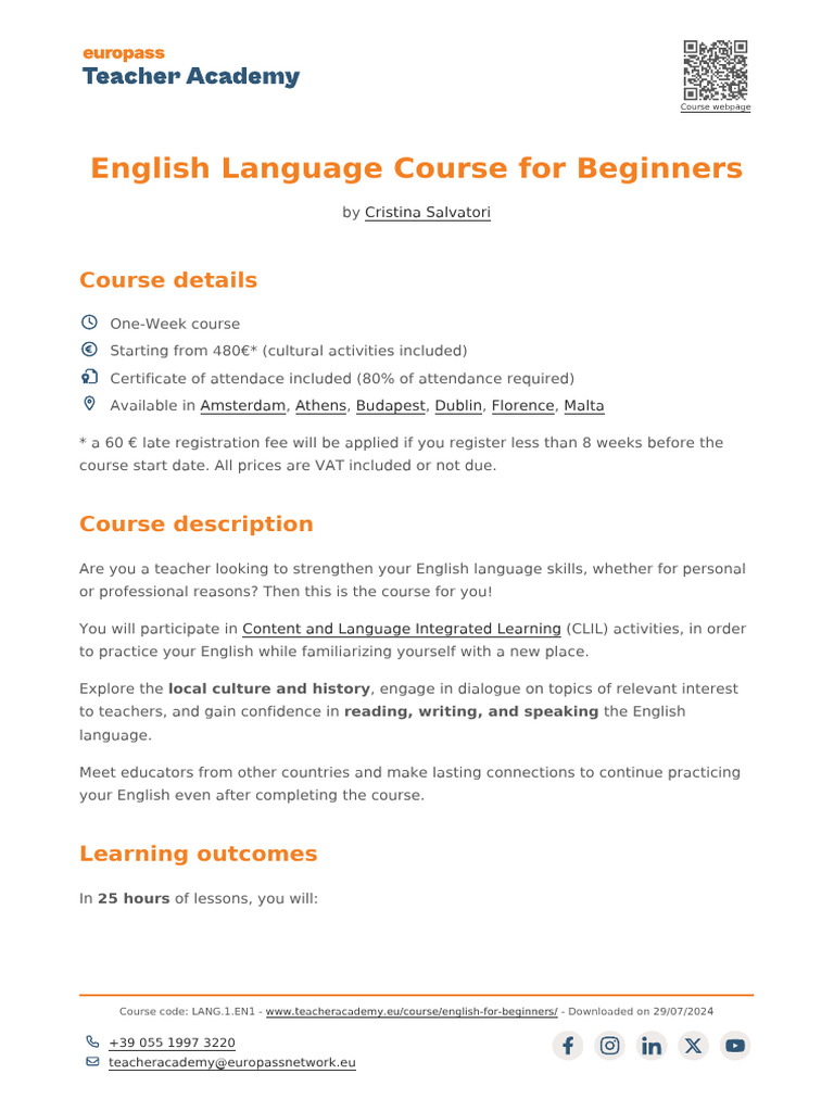 English Course for Teachers in Europe | PDF | English Language | Learning