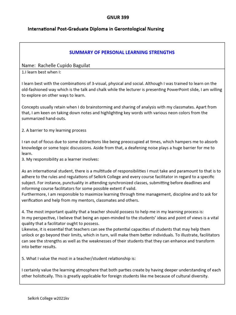 GNUR399 Summary of Personal Learning Strengths | PDF | Learning | Human ...