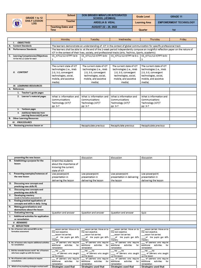 Grade 11 Empowerment Technology Lesson Plan | PDF | Educational ...