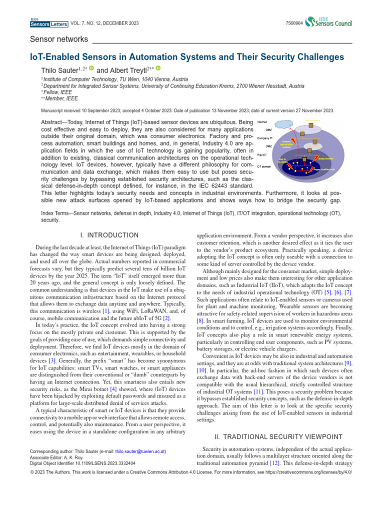 IoT Sensors in Automation: Security Issues | PDF | Internet Of Things ...