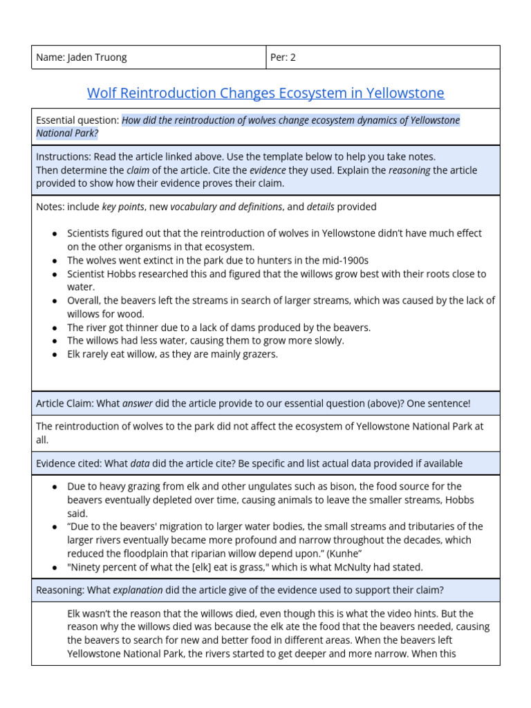 Jaden Truong - Notes - Wolf Reintroduction Changes Ecosystem in ...