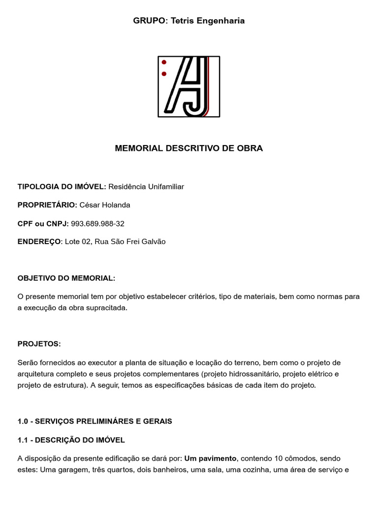 Memorial Descritivo Residencial Unifamiliar | PDF | Argamassa ...