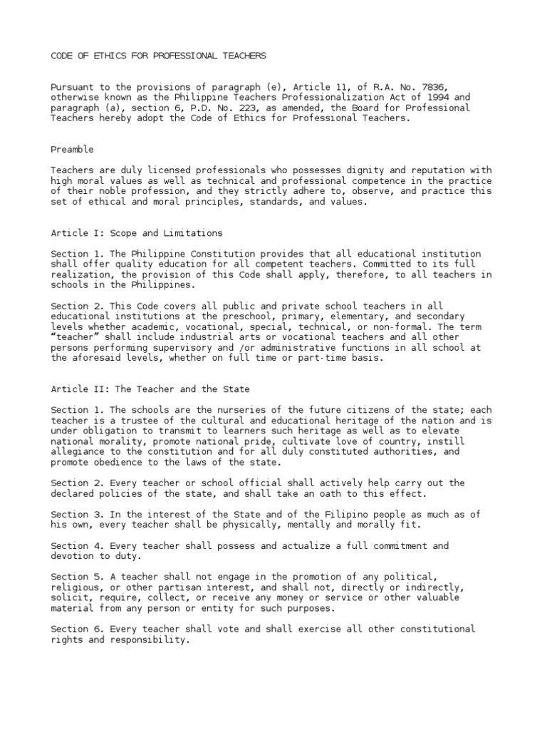 Professional Code of Ethics For Teachers of Philippines PDF