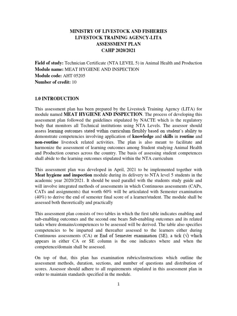Meat Hygiene and Inspection Assessment Plan | PDF | Slaughterhouse ...