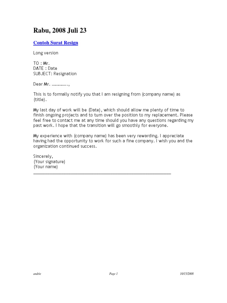 Resignation Letter Pdf