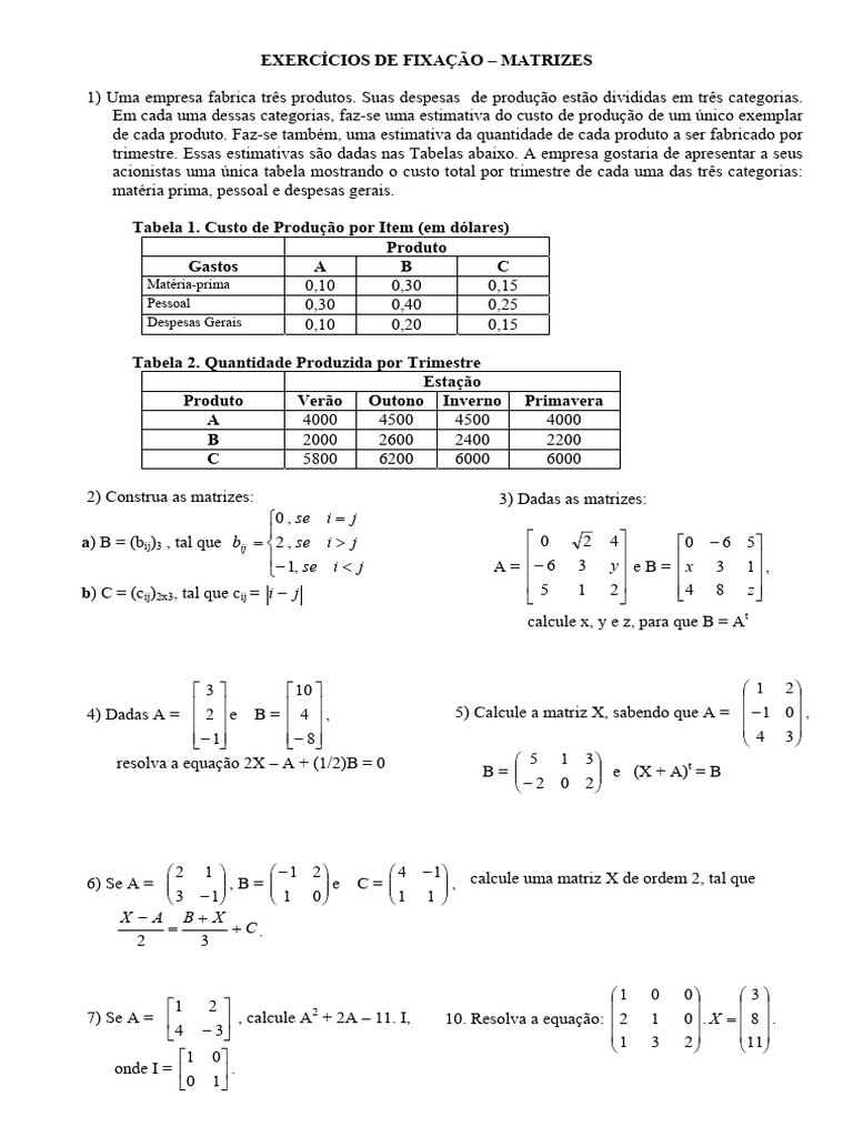 Exercícios de Fixação sobre Matrizes | PDF | Métodos e Materiais de Ensino