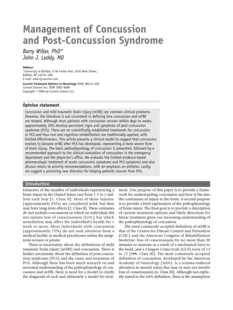 Management of Concussion and Post Concussion Syndrome PDF Concussion Traumatic Brain Injury