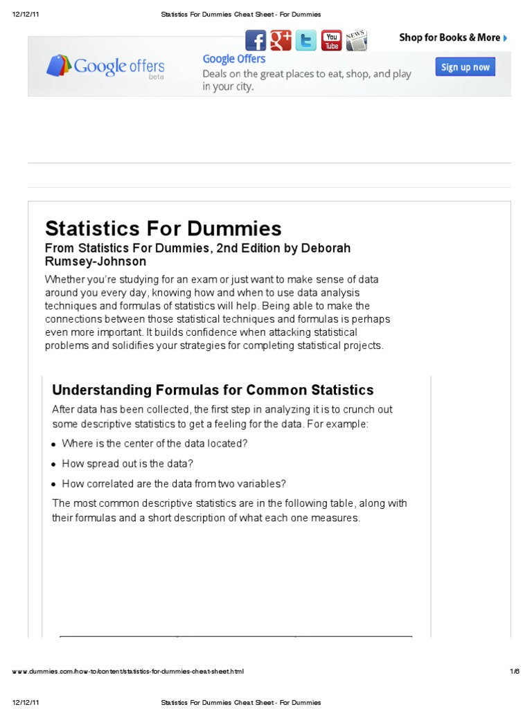 Statistics For Dummies Cheat Sheet PDF Margin Of Error Confidence