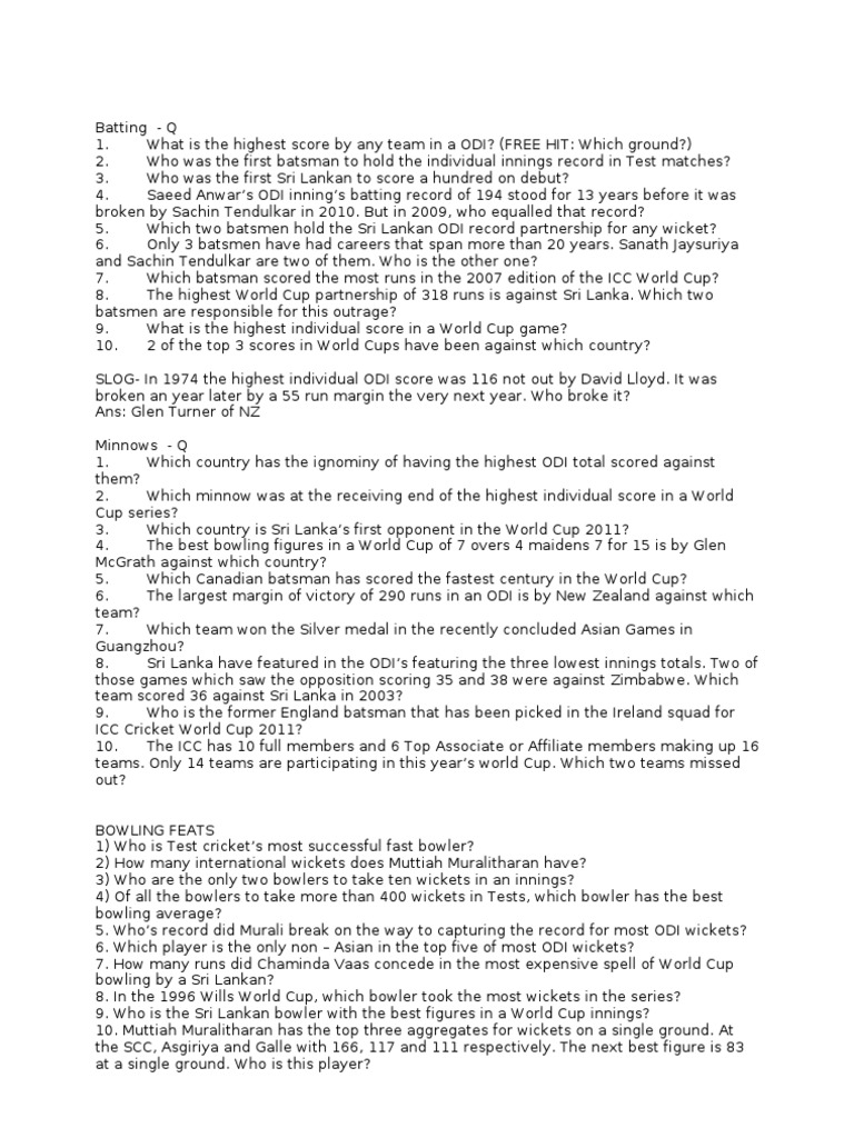 Cricket Records and Trivia Quiz | PDF | Cricket | Ball And Bat Games
