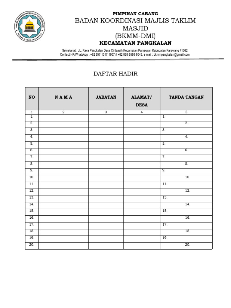 Daftar Hadir BKMM DMI Pangkalan | PDF