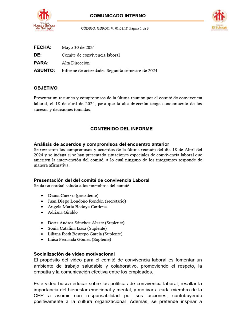 Informe Del Segundo Trimestre de 2024 - Comite de Convivencia Laboral ...