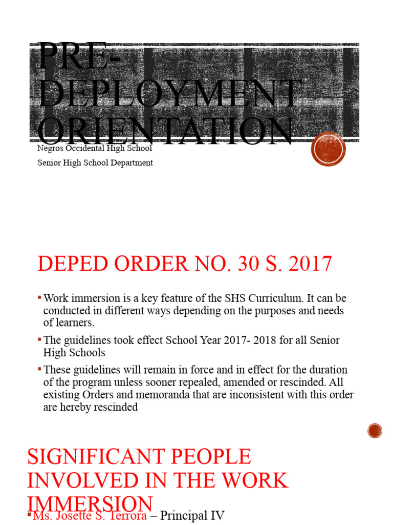 Pre-Deployment Orientation for SHS Work Immersion | PDF