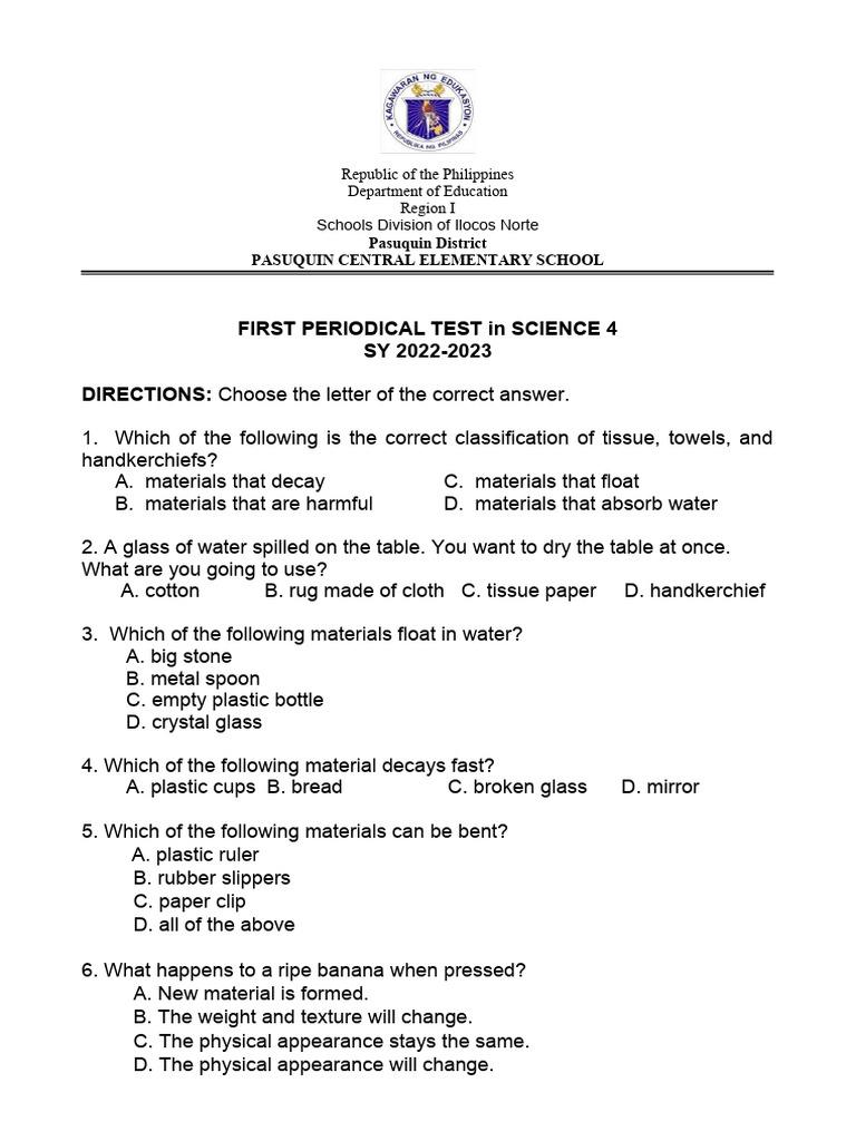 Science 4 First Periodical Test Guide | PDF | Mixture | Water