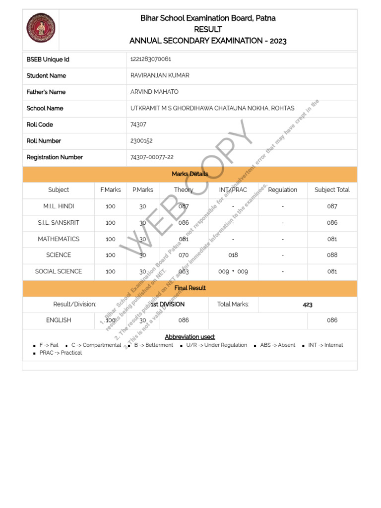 Bihar 2023 Secondary Exam Results | PDF