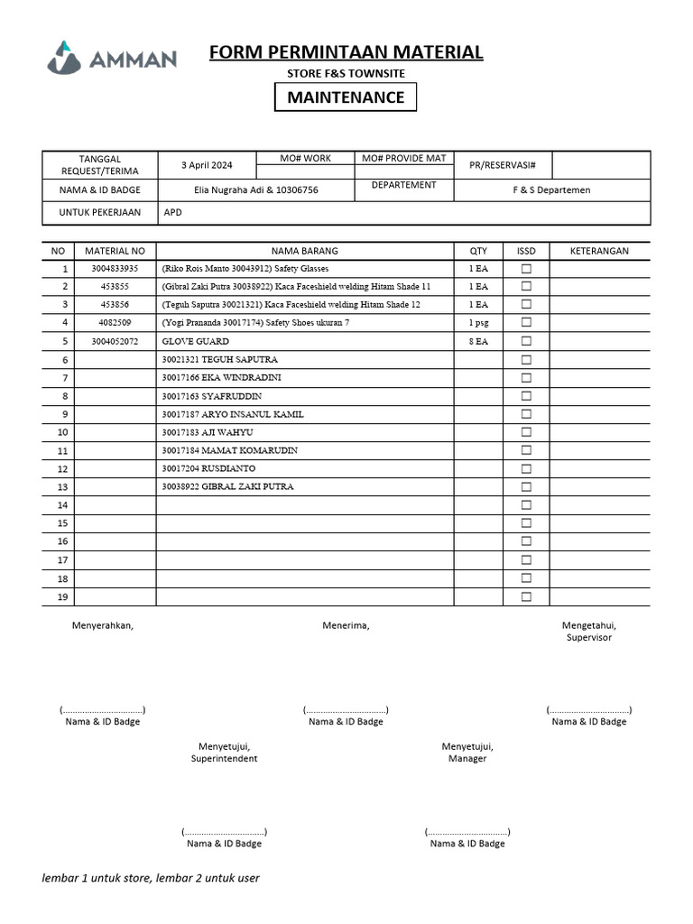 Form Permintaan Material F&S Townsite | PDF