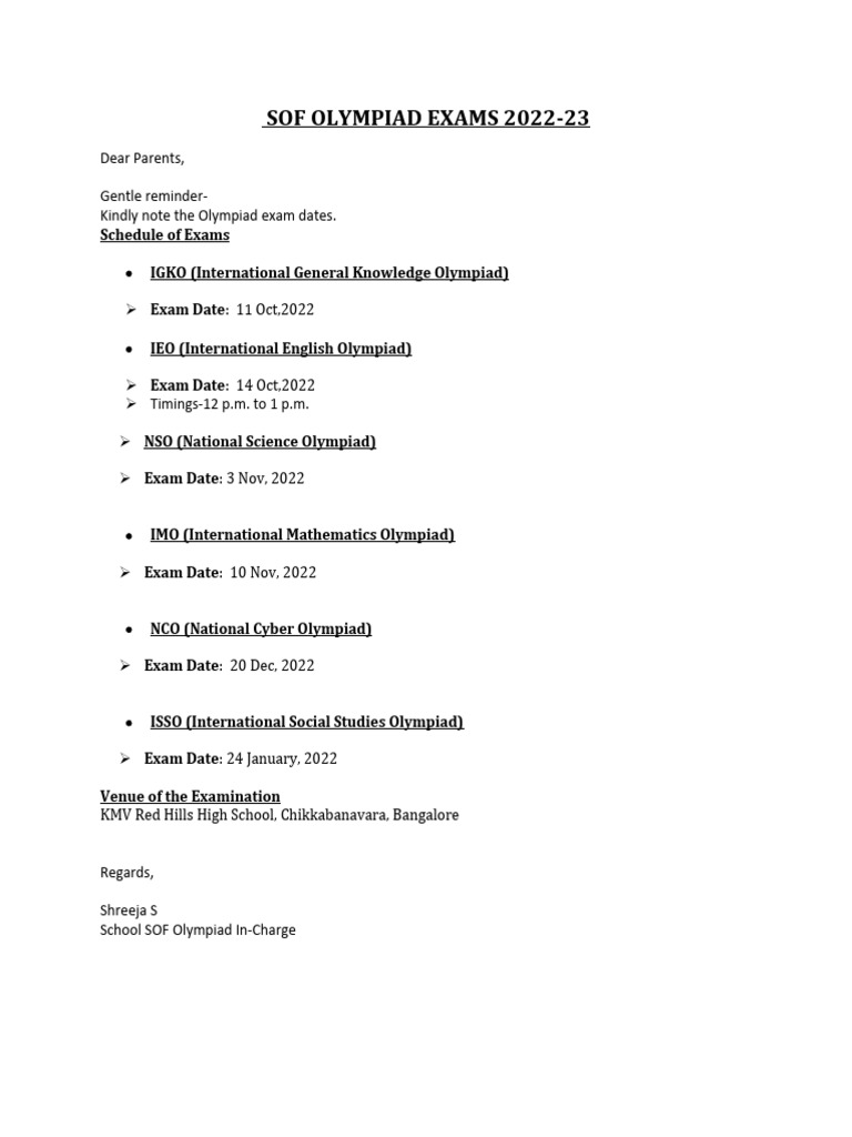 SOF Olympiad Exam Dates1665402748 | PDF