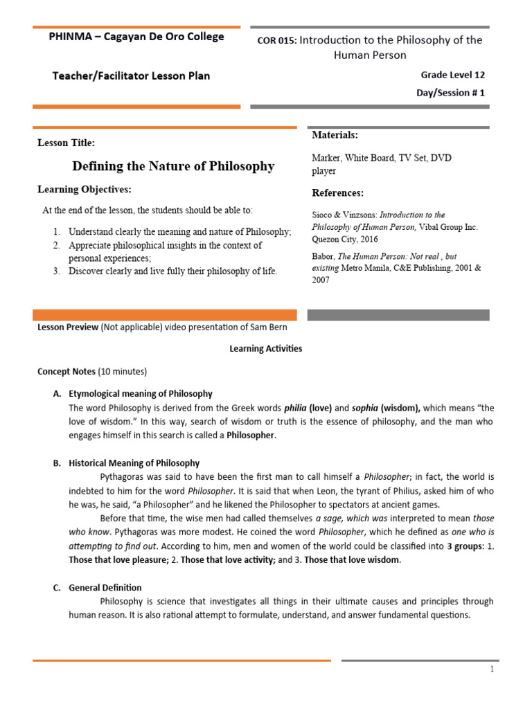 Introduction to Philosophy Lesson Plan | PDF | Lesson Plan | Wisdom