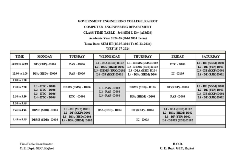 3rd Sem AI&DS - Class Time Table - Odd Term 2024 | PDF