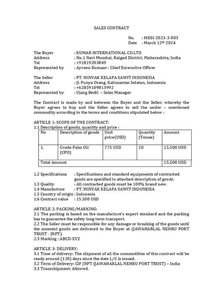 Export Sales Contract for Crude Palm Oil | PDF | Sales | Cargo