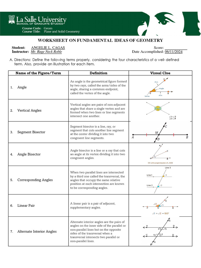 Geometry Terms and Proofs Worksheet | PDF | Line (Geometry) | Angle