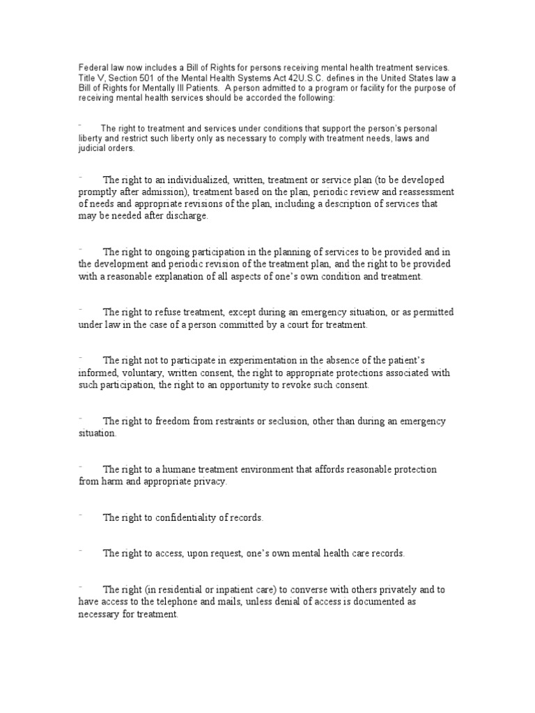 Mental Health Patients' Bill of Rights | PDF | Patient | Mental Health