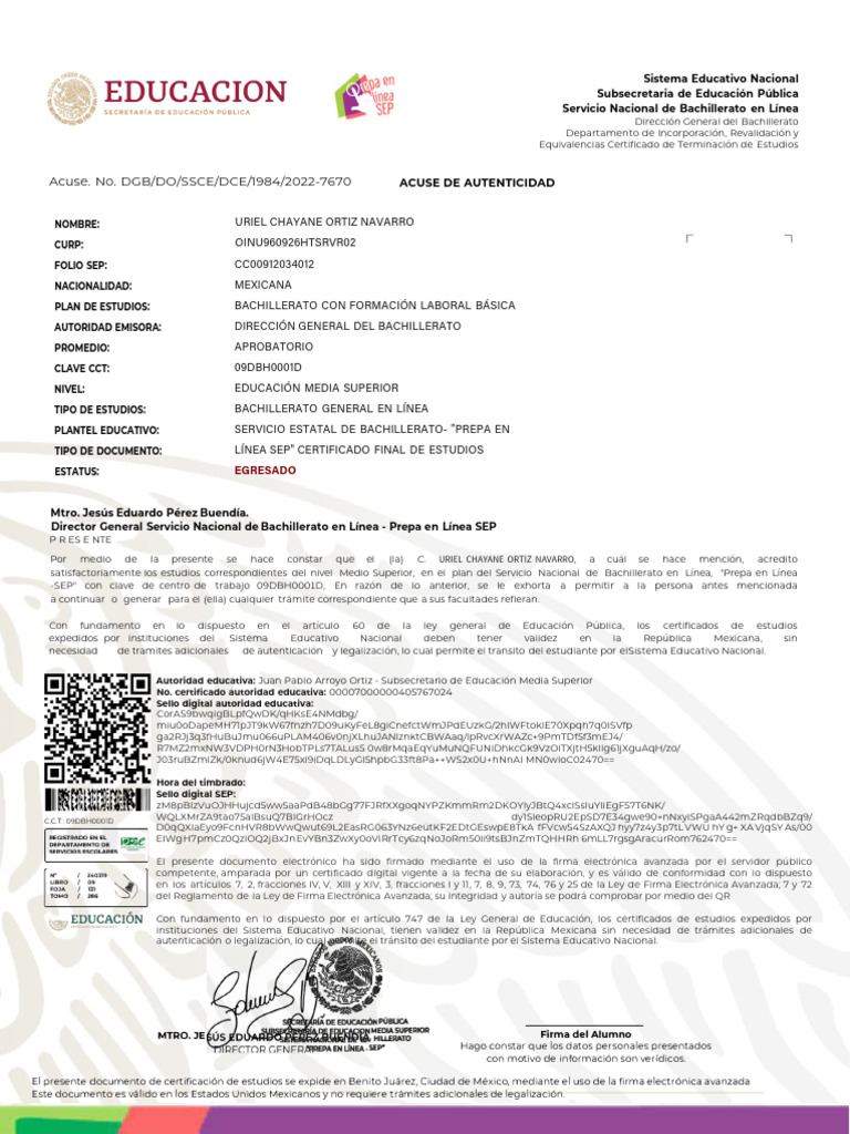 Certificado de Bachillerato en Línea SEP | PDF