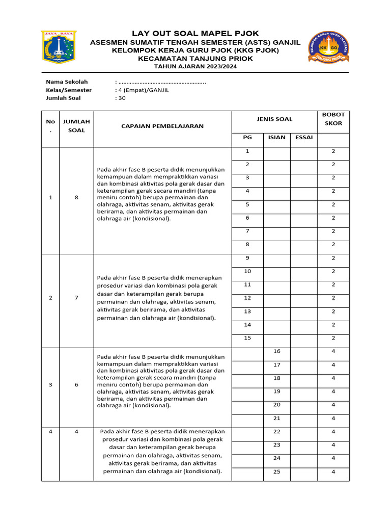 Layout Asts Ganjil Pjok Kelas 4 Pdf