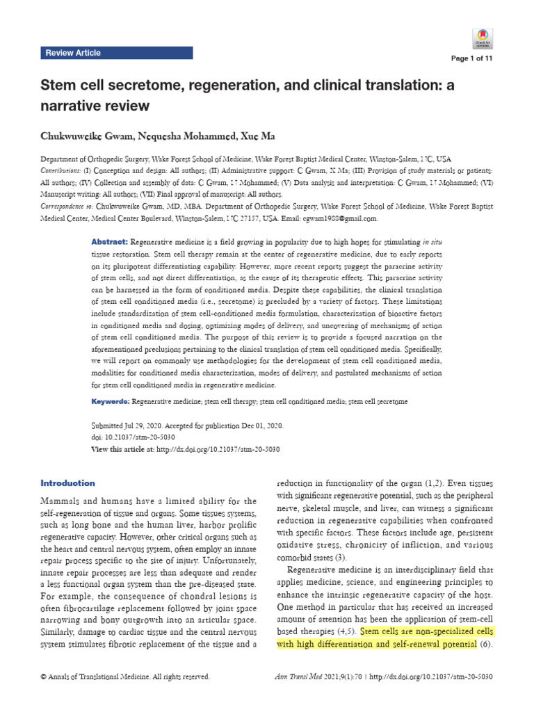 2020 - Stem Cell Secretome, Regeneration, and Clinical Translation ...