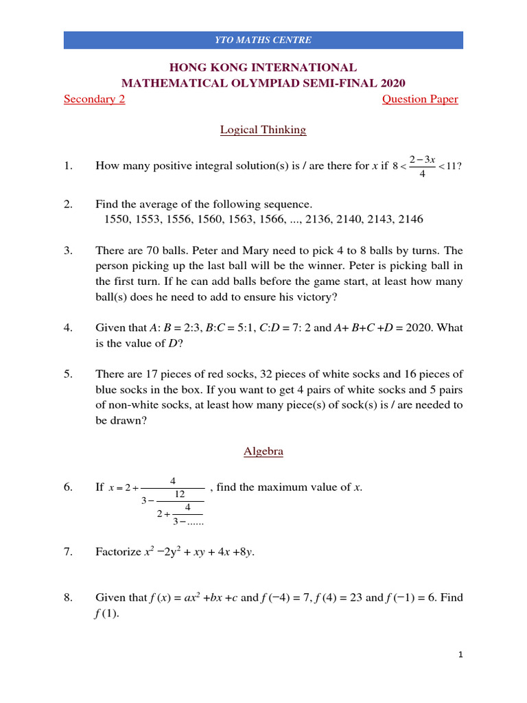 HKIMO 2020 Secondary 2 Question Paper | PDF | Triangle | Elementary ...