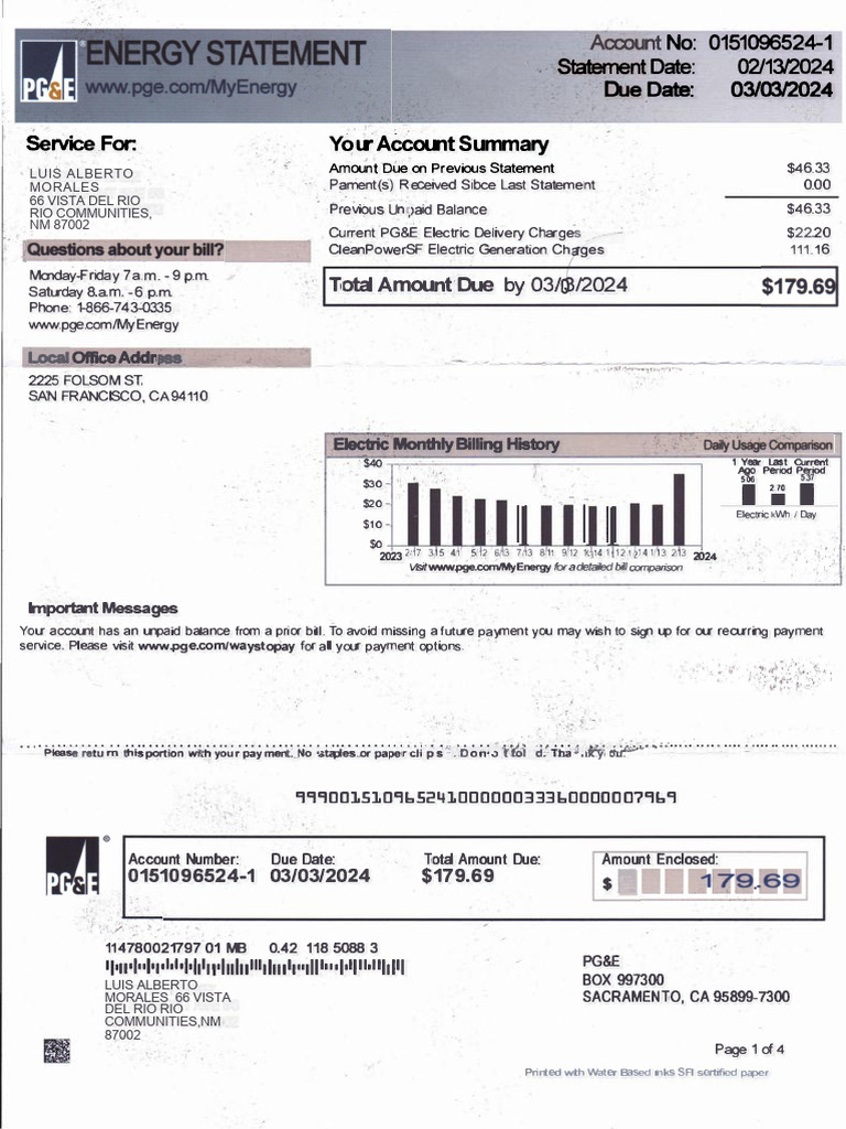 PG&E Billing Statement Overview | PDF | Electric Power | Power (Physics)