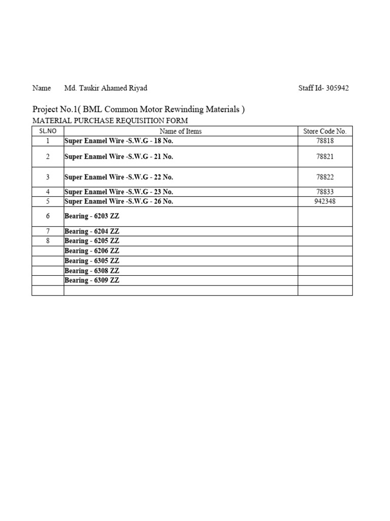 BML Motor Rewinding Materials PR Form | PDF