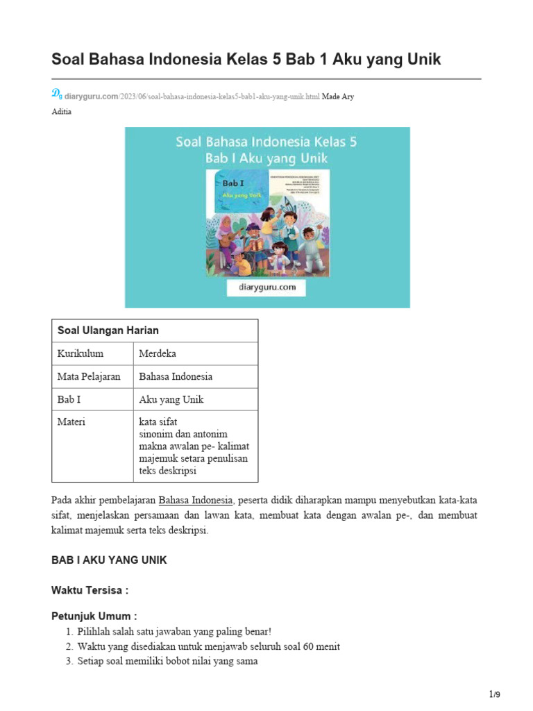 Diaryguru Com Soal Bahasa Indonesia Kelas 5 Bab 1 Aku Yang Unik | PDF ...
