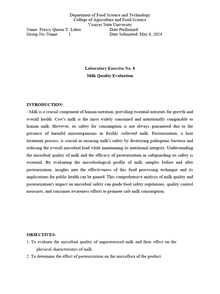 Milk Quality and Pasteurization Analysis | PDF | Milk | Microorganism
