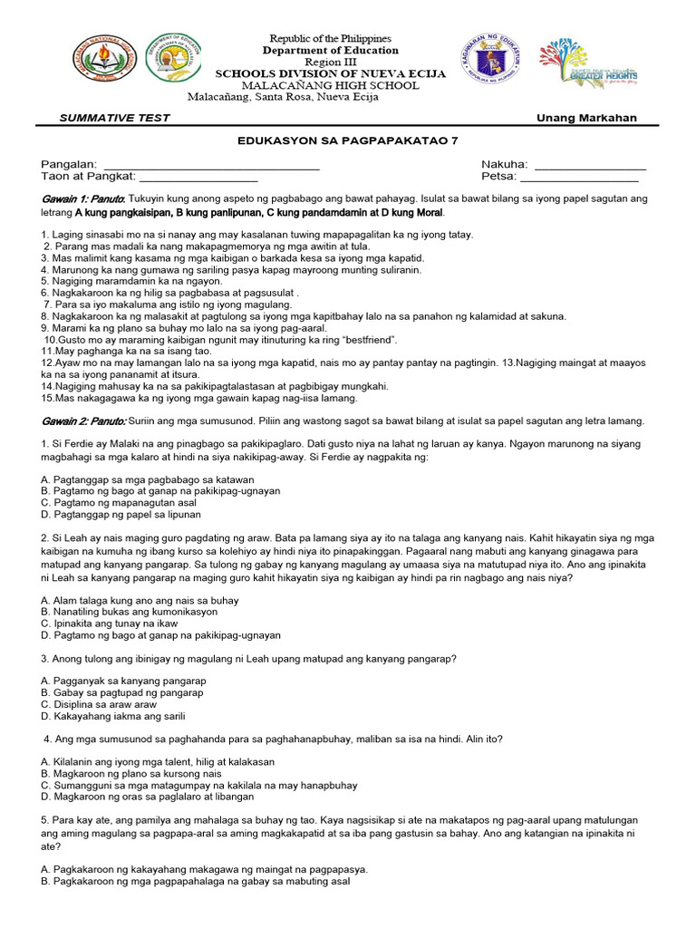 ESP 7 Exam Q1 | PDF